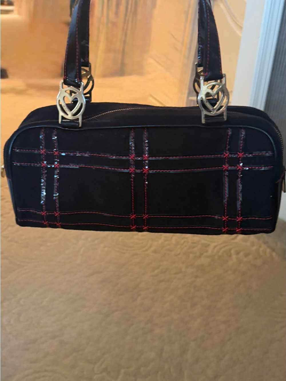 RARE 1990 vintage Moschino Black barrel Bag with Red Stitching. EUC, eye candy!